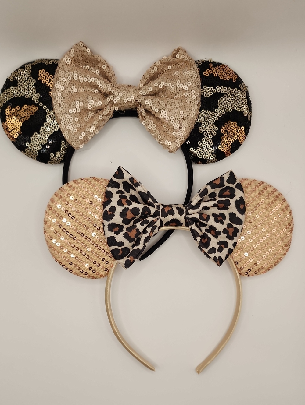 Minnie Mouse Ears. 2 Pack Sequin Leopard Bow Ear Headband - Gold/Black